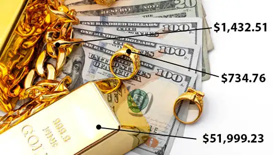 Cash fanned out beside gold jewelry, coins and bullion